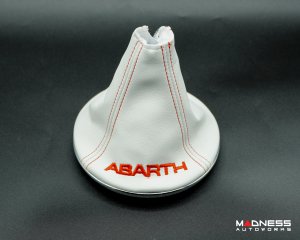 FIAT 500 Gear Shift Boot + Retaining Ring Set- White EcoLeather w/ Red Stitching + ABARTH Logo